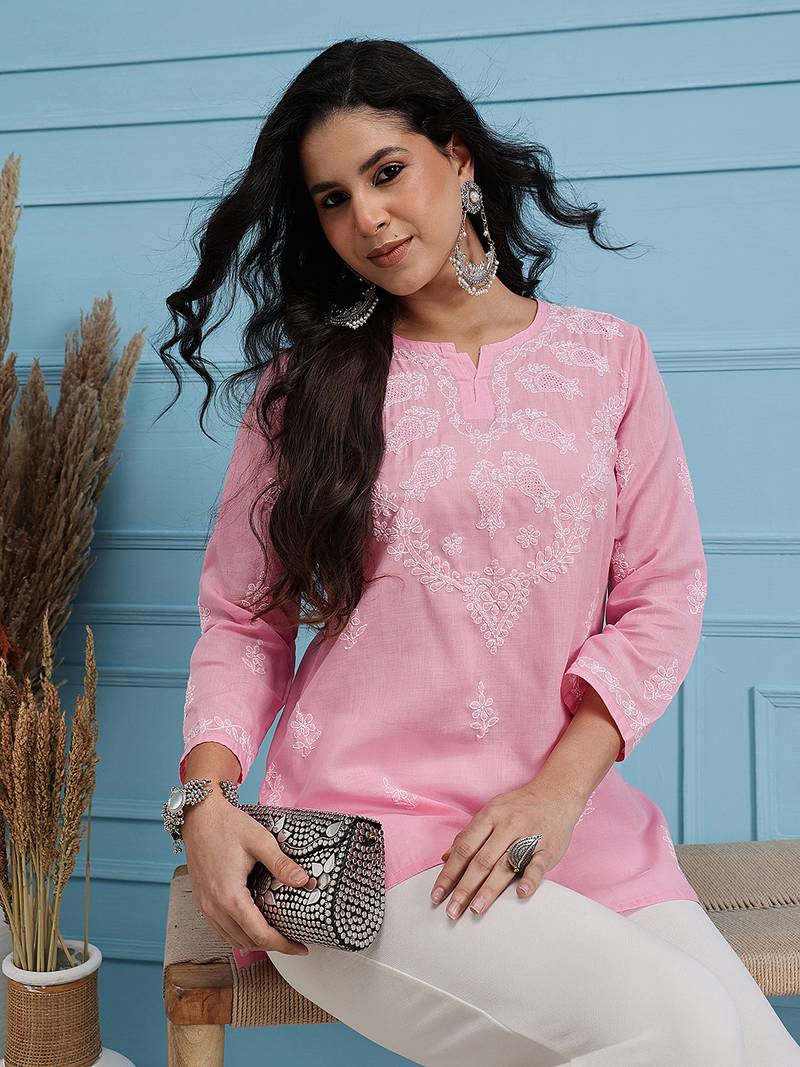 Women'S Hand Embroidered Pink Cotton Lucknow Chikankari Short Top