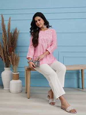 Women'S Hand Embroidered Pink Cotton Lucknow Chikankari Short Top 5
