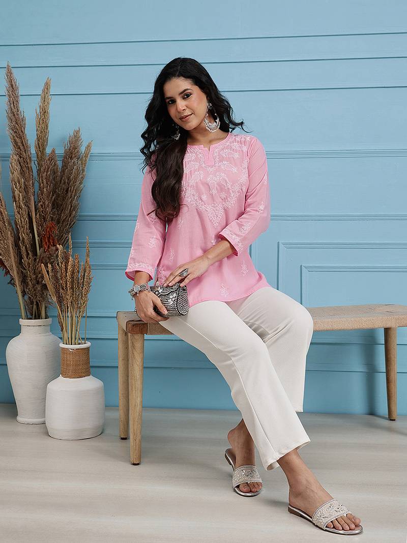 Women'S Hand Embroidered Pink Cotton Lucknow Chikankari Short Top