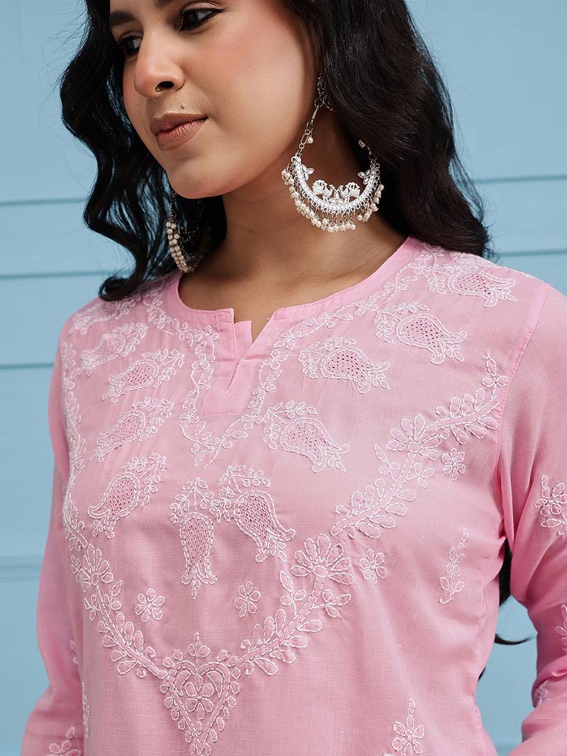 Women'S Hand Embroidered Pink Cotton Lucknow Chikankari Short Top