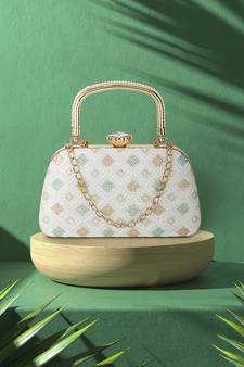 Anekaant Hue White & Multi Diamond Embroidered Faux Silk Clutch