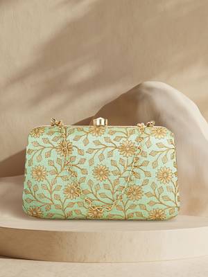 Anekaant Hue Pista Green & Gold Floral Embroidered Faux Silk Clutch 1