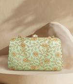Anekaant Hue Pista Green & Gold Floral Embroidered Faux Silk Clutch
