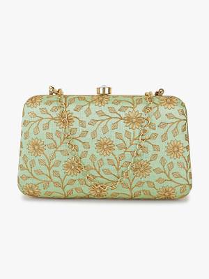 Anekaant Hue Pista Green & Gold Floral Embroidered Faux Silk Clutch 2
