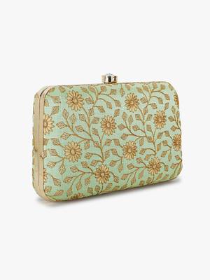 Anekaant Hue Pista Green & Gold Floral Embroidered Faux Silk Clutch 3