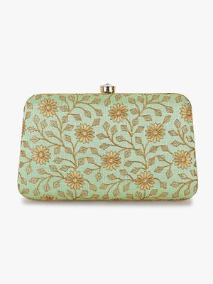 Anekaant Hue Pista Green & Gold Floral Embroidered Faux Silk Clutch 4