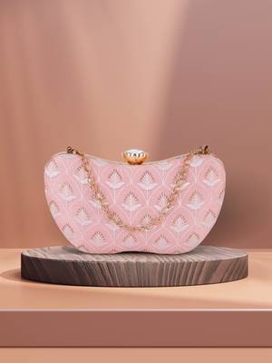 Hue Baby Pink & Gold Damask Embroidered Faux Silk Clutch 1