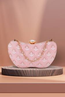 Hue Baby Pink & Gold Damask Embroidered Faux Silk Clutch