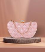 Hue Baby Pink & Gold Damask Embroidered Faux Silk Clutch