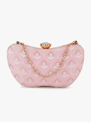 Hue Baby Pink & Gold Damask Embroidered Faux Silk Clutch 2