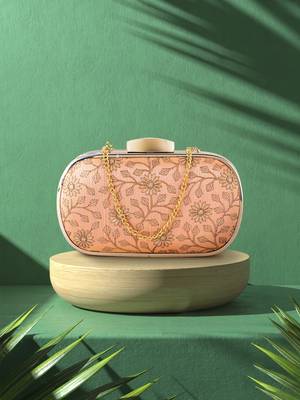 Hue Peach & Gold Floral Embroidered Faux Silk Clutch 1
