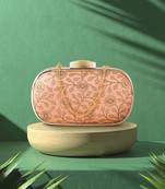 Hue Peach & Gold Floral Embroidered Faux Silk Clutch