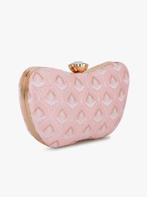 Hue Baby Pink & Gold Damask Embroidered Faux Silk Clutch 3