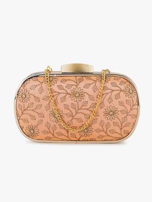 Hue Peach & Gold Floral Embroidered Faux Silk Clutch 2