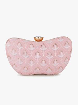 Hue Baby Pink & Gold Damask Embroidered Faux Silk Clutch 4