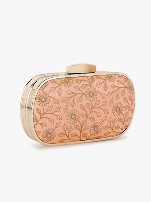 Hue Peach & Gold Floral Embroidered Faux Silk Clutch 3