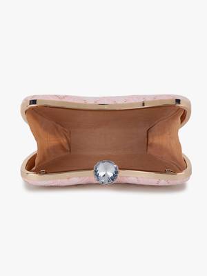 Hue Baby Pink & Gold Damask Embroidered Faux Silk Clutch 5