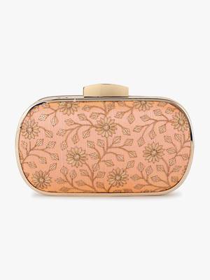 Hue Peach & Gold Floral Embroidered Faux Silk Clutch 4