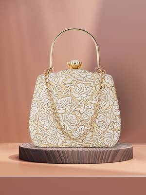 Hue Gold & White Floral Embroidered Faux Silk Clutch 1