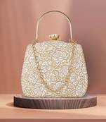 Hue Gold & White Floral Embroidered Faux Silk Clutch