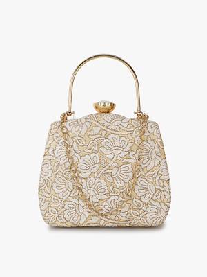 Hue Gold & White Floral Embroidered Faux Silk Clutch 2