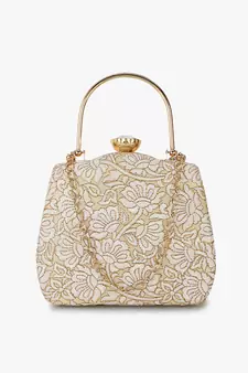Hue Gold & White Floral Embroidered Faux Silk Clutch