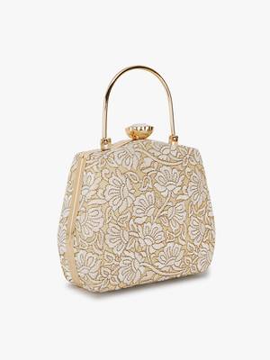Hue Gold & White Floral Embroidered Faux Silk Clutch 3