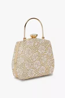 Hue Gold & White Floral Embroidered Faux Silk Clutch