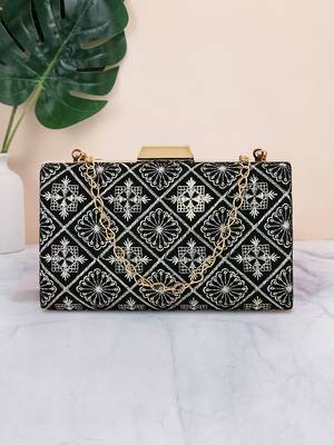Hue Black & Multi Geometric Embroidered Velvet Clutch 1