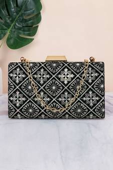 Hue Black & Multi Geometric Embroidered Velvet Clutch