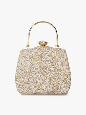 Hue Gold & White Floral Embroidered Faux Silk Clutch 4