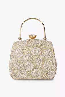 Hue Gold & White Floral Embroidered Faux Silk Clutch
