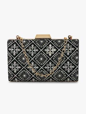 Hue Black & Multi Geometric Embroidered Velvet Clutch 2