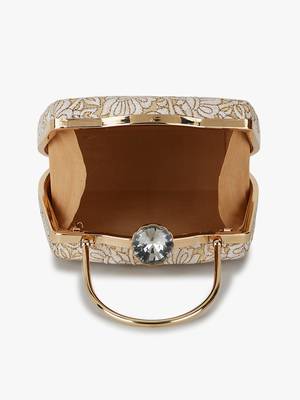 Hue Gold & White Floral Embroidered Faux Silk Clutch 5