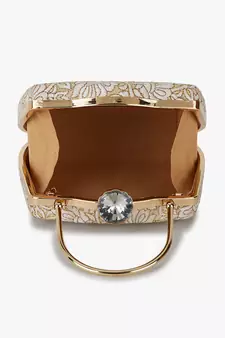 Hue Gold & White Floral Embroidered Faux Silk Clutch