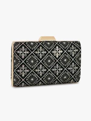 Hue Black & Multi Geometric Embroidered Velvet Clutch 3