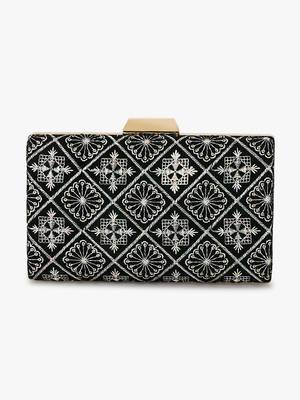 Hue Black & Multi Geometric Embroidered Velvet Clutch 4