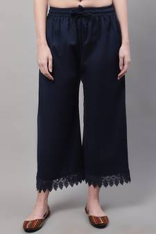 Women Regular Fit Navy Blue Plus Cotton Lace Palazzo