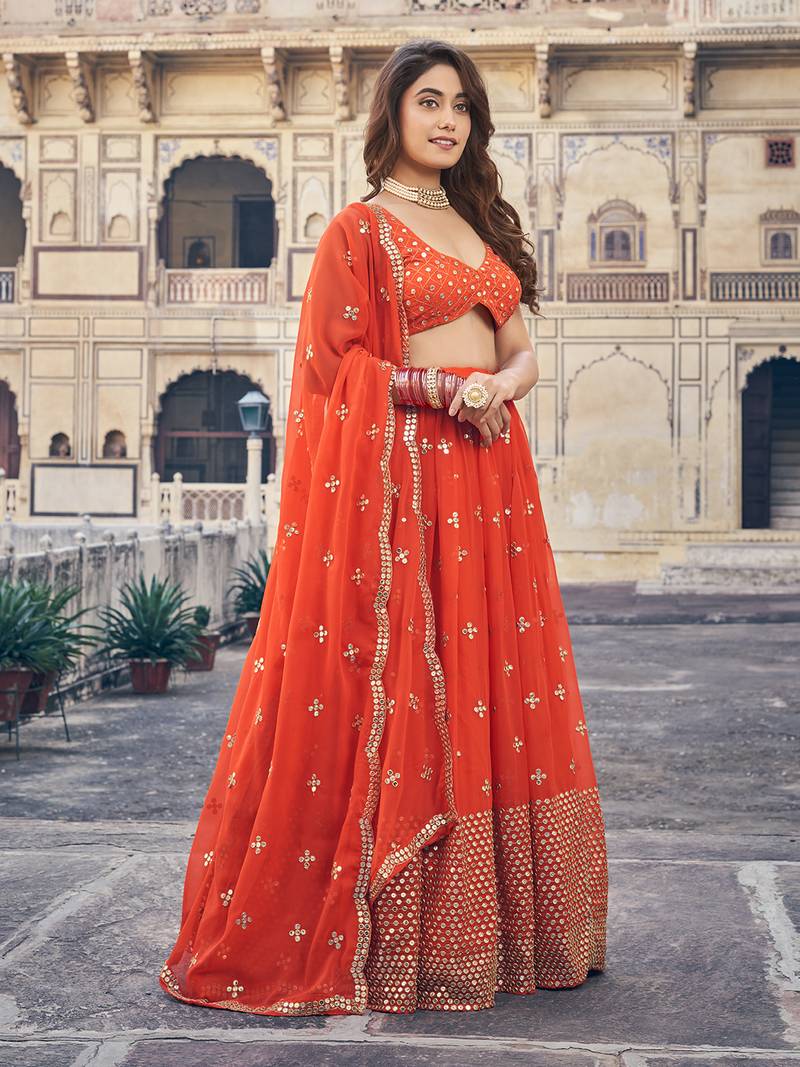 Orange Georgette Semi-Stitched Lehenga and Unstitched Blouse With Dupatta
