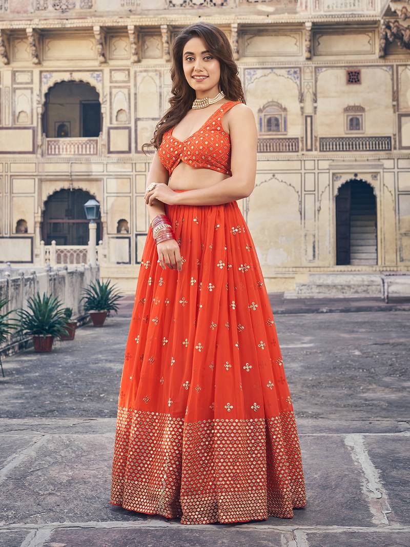 Orange Georgette Semi-Stitched Lehenga and Unstitched Blouse With Dupatta