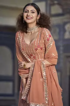 Rust  Georgette Semi-Stitched Lehenga and Unstitched Blouse With Dupatta