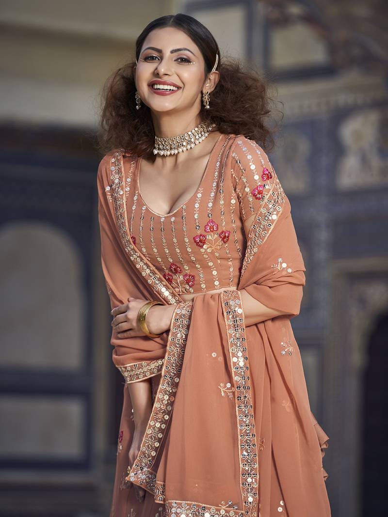 Rust  Georgette Semi-Stitched Lehenga and Unstitched Blouse With Dupatta