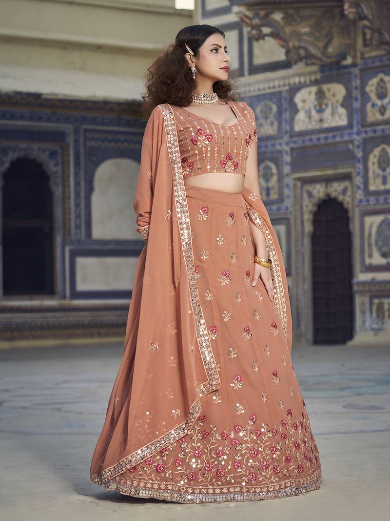 Rust  Georgette Semi-Stitched Lehenga and Unstitched Blouse With Dupatta
