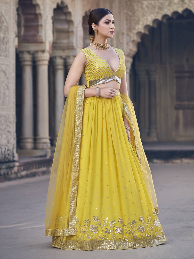Yellow  Georgette Semi-Stitched Lehenga and Unstitched Blouse With Dupatta