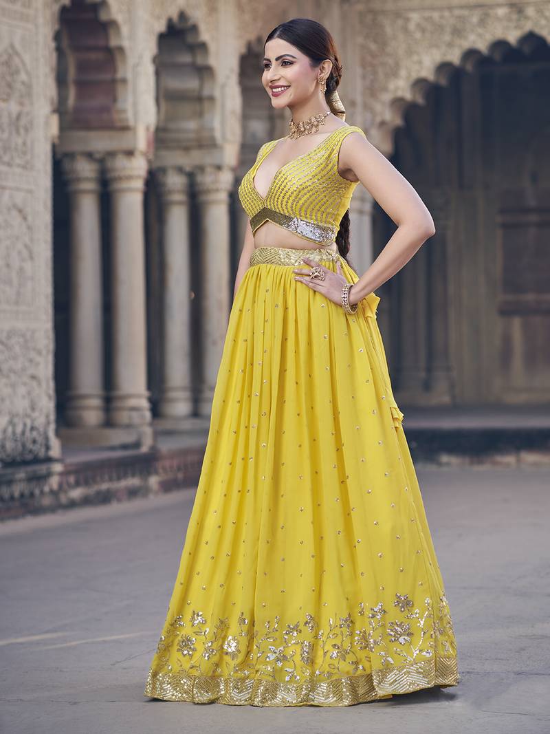Yellow  Georgette Semi-Stitched Lehenga and Unstitched Blouse With Dupatta