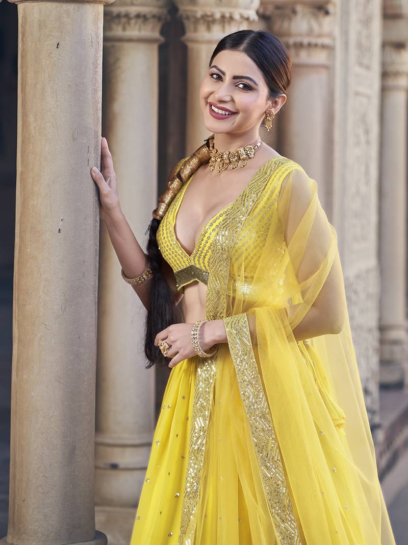 Yellow  Georgette Semi-Stitched Lehenga and Unstitched Blouse With Dupatta