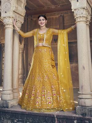 Yellow  Net Semi-Stitched Lehenga and Unstitched Blouse With Dupatta 1