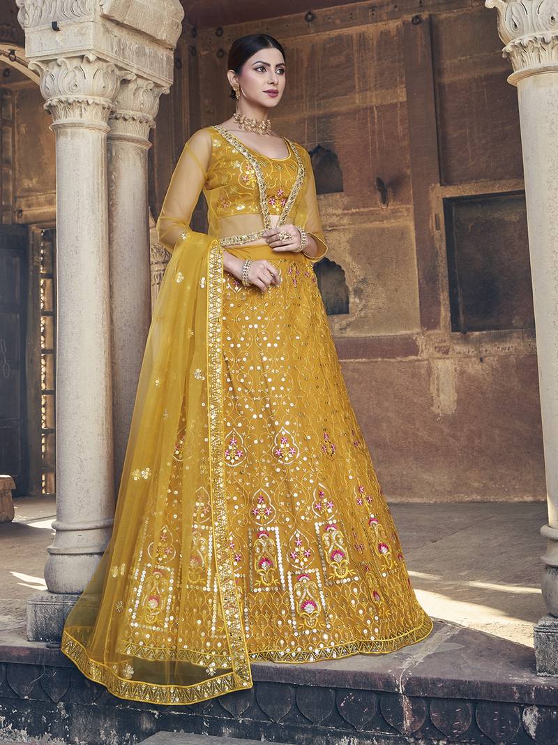 Yellow  Net Semi-Stitched Lehenga and Unstitched Blouse With Dupatta