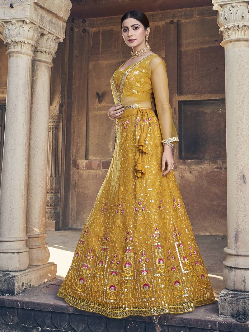 Yellow  Net Semi-Stitched Lehenga and Unstitched Blouse With Dupatta