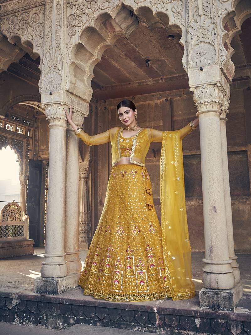 Yellow  Net Semi-Stitched Lehenga and Unstitched Blouse With Dupatta